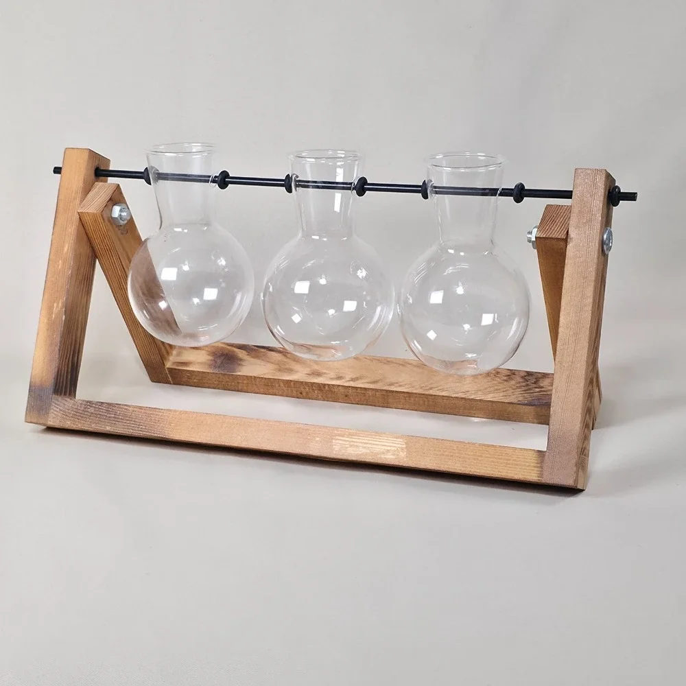 Plant Propagation Station 3 Bulb Glass Vases Burnt Wood Stand Terrarium
